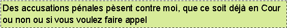 Text Box: Des accusations pnales psent contre moi, que ce soit dj en Cour  ou non ou si vous voulez faire appel